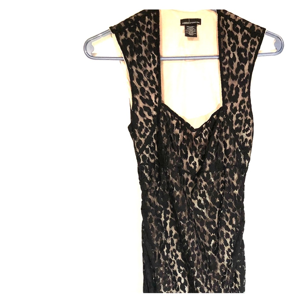 black leopard print lace over nude fabric dress